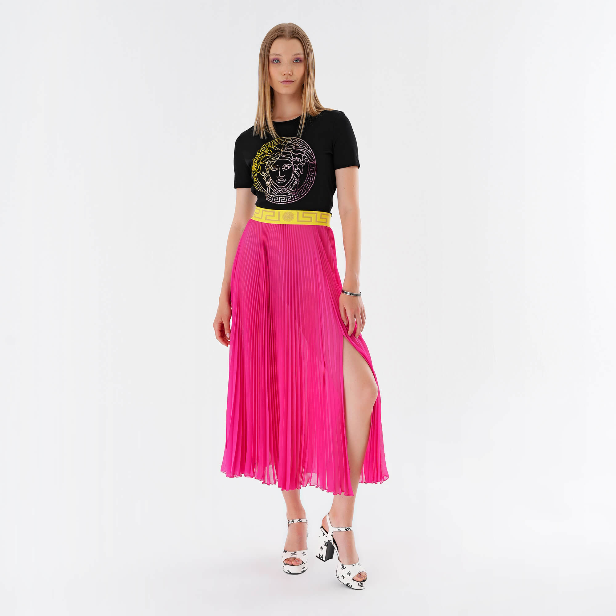 Versace - Pink & Yellow Printed Silk Long Skirt 40 